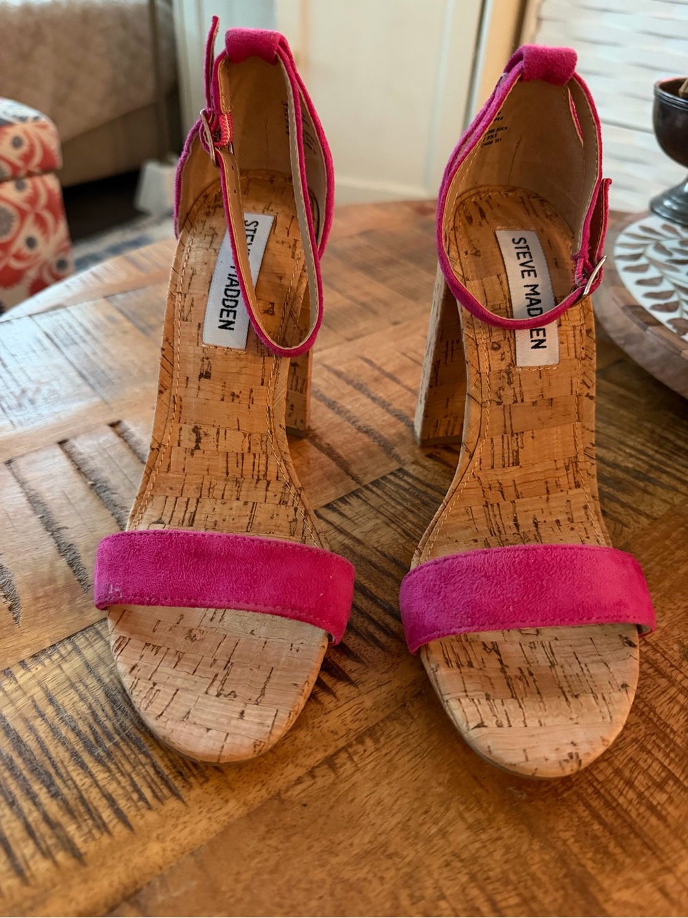 Steve Madden Hot Pink Suede Cork Block Heel Wedges